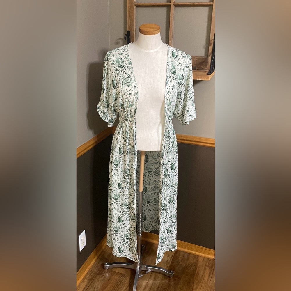 Lush green & cream paisley Midi cardigan swim suit cover up size small